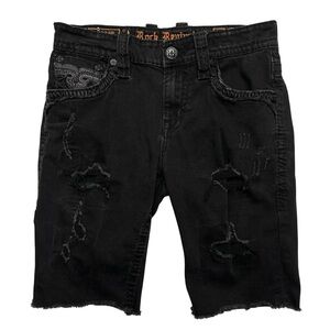 Rock Revival Mens Jean Shorts Size 32 Black Lorenzo Jorts Distressed Embroidery